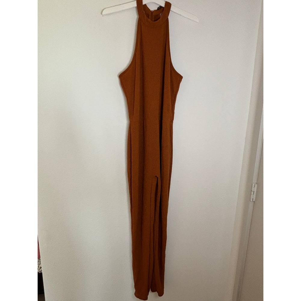Ellie & Kate Rust Orange Ribbed Halter Neck Jumpsuit XL Sleeveless Side Slit